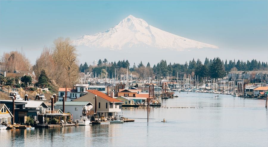 A view of Mount hood over the Columbia Crossings Marinas in Portland Oregon