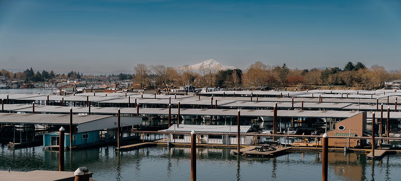 Covered Slips with Mount hood in the distance in Portland Oregon