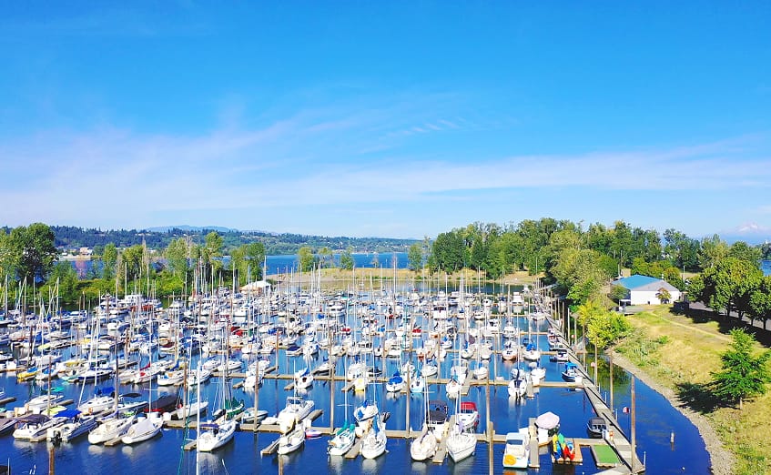 Ariel View of the docks and sail boats at Tomahawk Bay Marina on Hayden Island in Portland Oregon