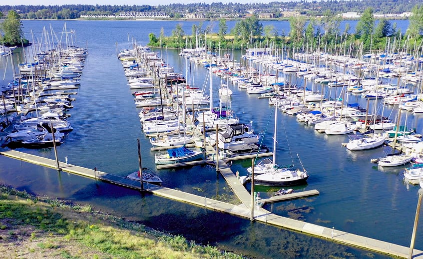 View of the docks from the green space at Tomahawk Bay Marina on Hayden Island in Portland Oregon