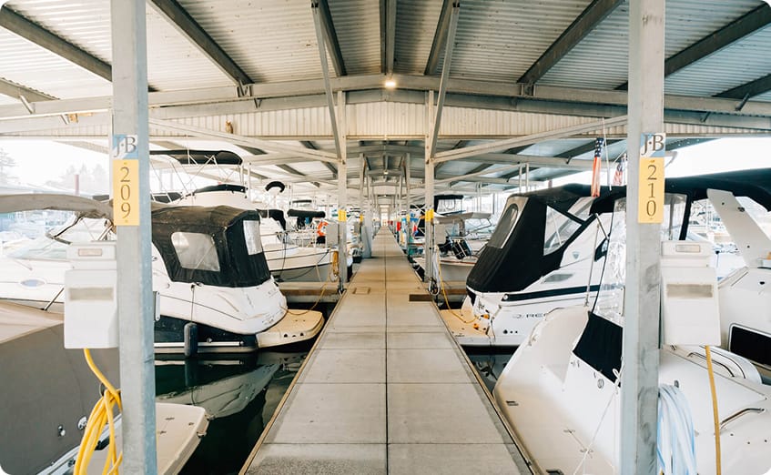 A dockside view of the slips at Jantzen Bay Marina in Portland Oregon