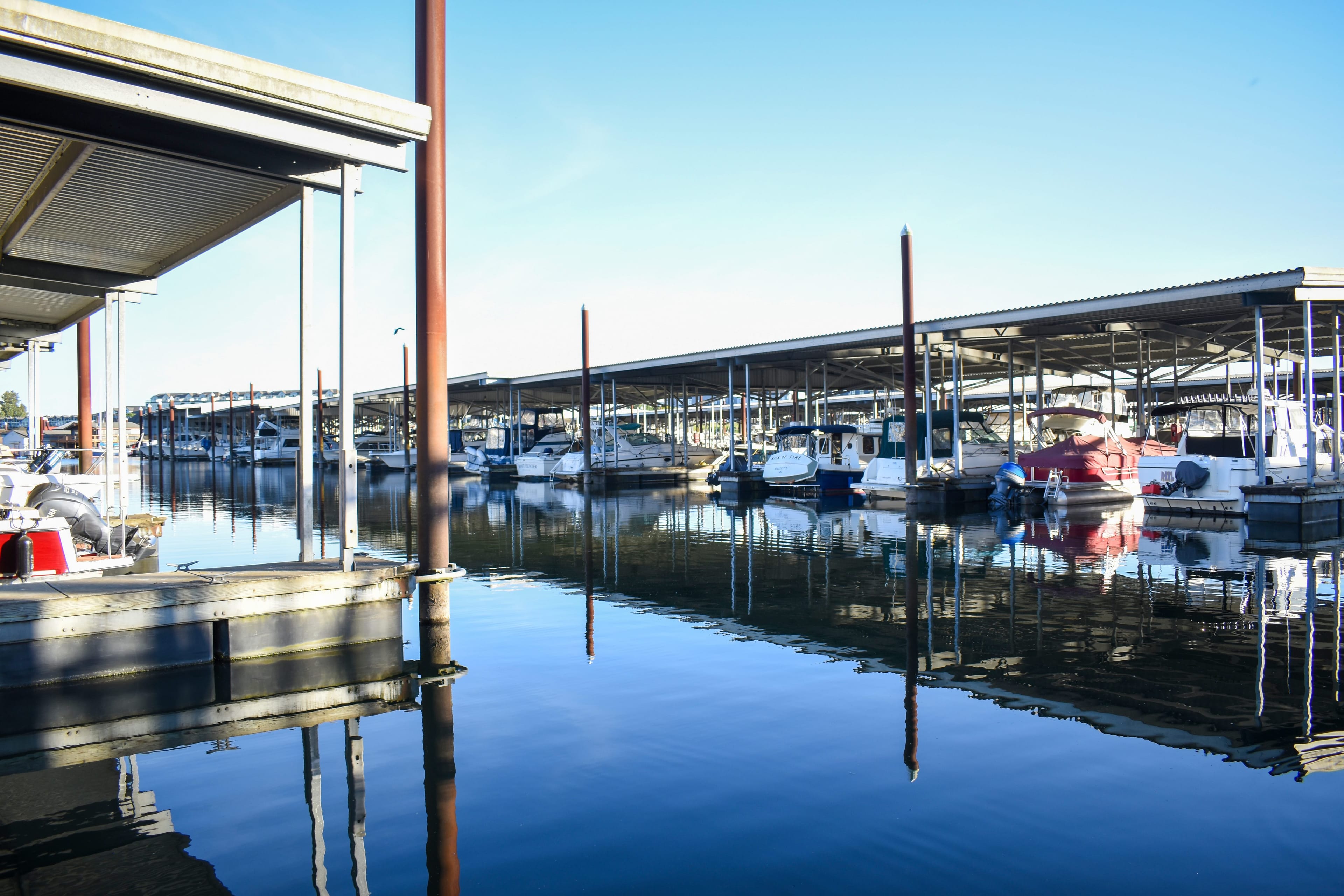 The covered moorage at Jantzen Bay